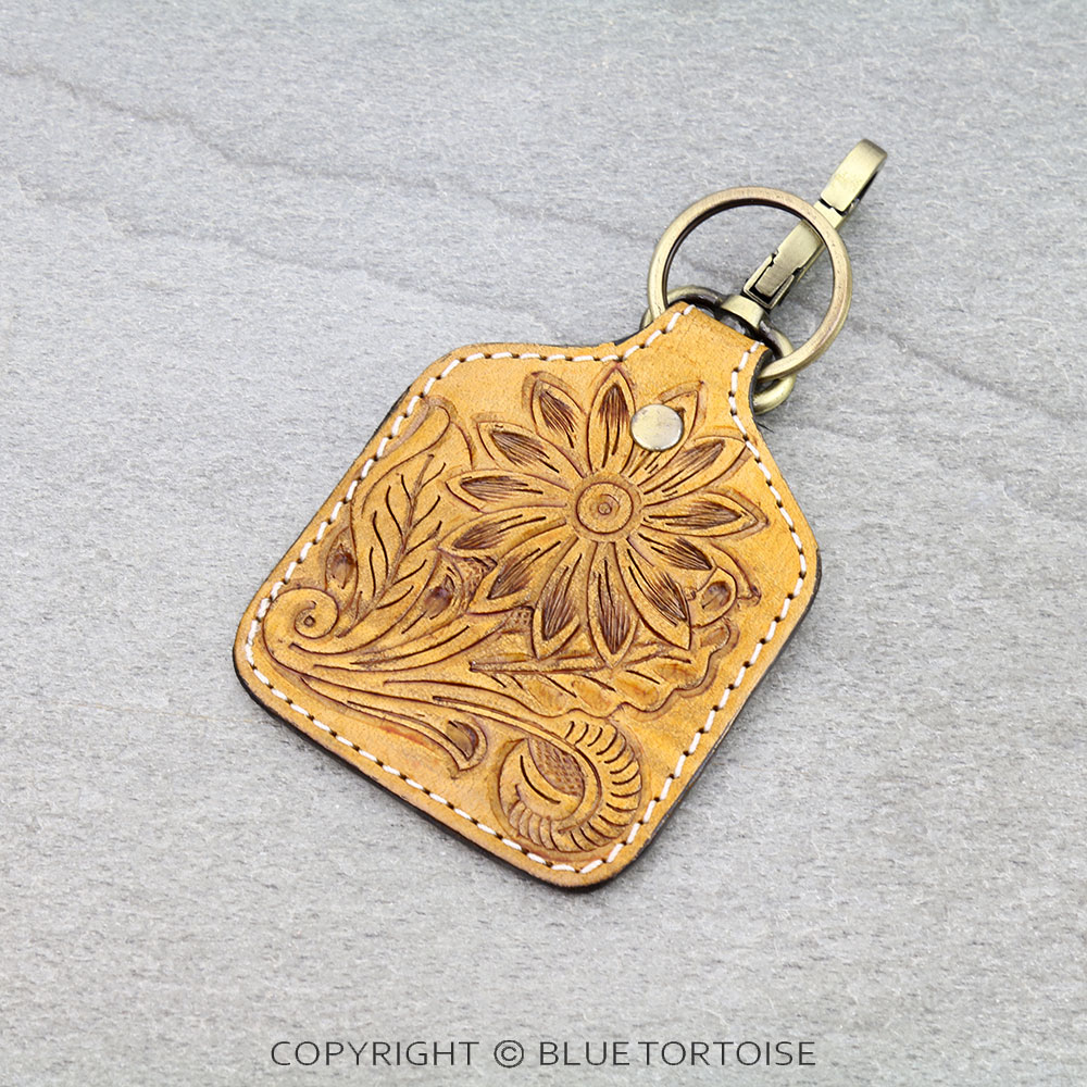 Western Genuine Leather Ear Tag Keychain - Floral Pattern