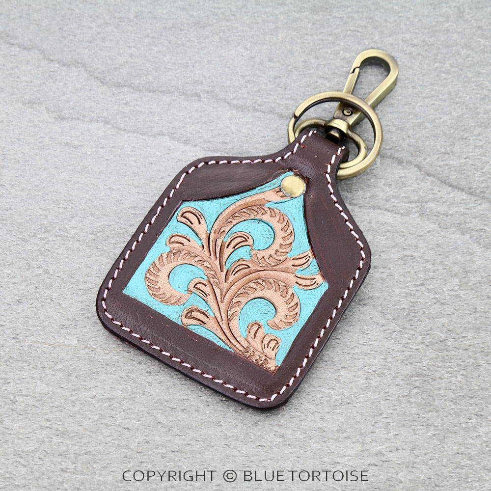 Western Genuine Leather Ear Tag Keychain - Floral Pattern