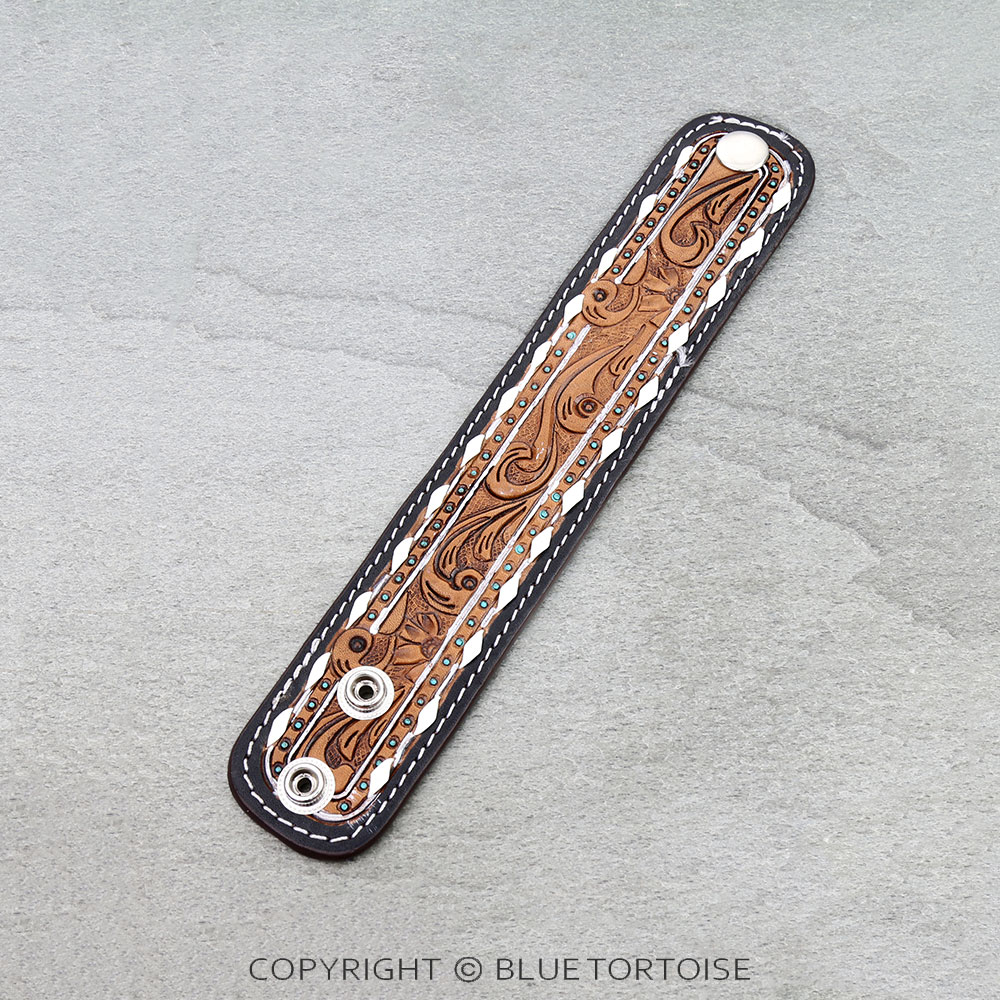 Western Genuine Tooled Leather Bracelet - Floral Pattern - Image 3