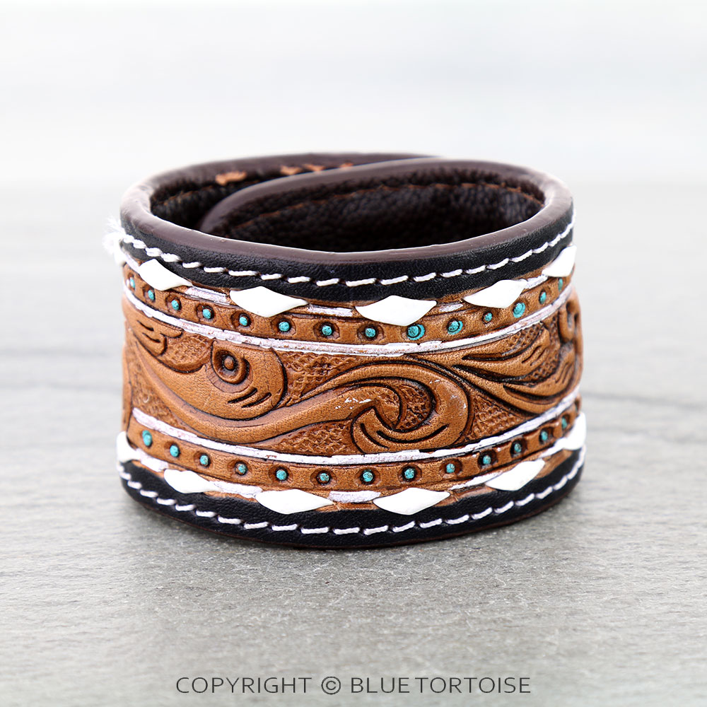 Western Genuine Tooled Leather Bracelet - Floral Pattern