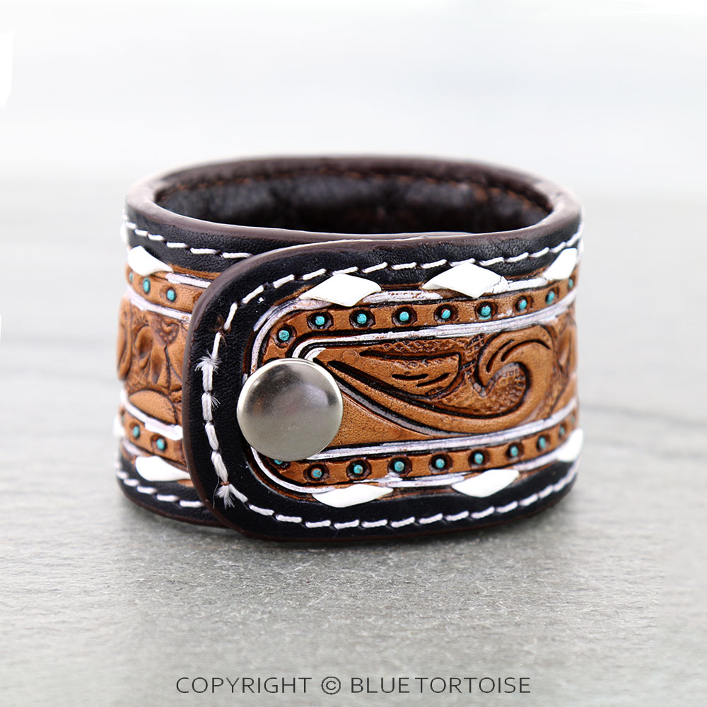 Western Genuine Tooled Leather Bracelet - Floral Pattern - Image 2
