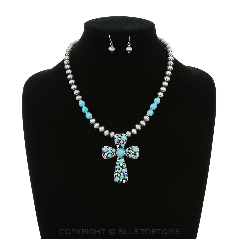 Western Cross with Stone Necklace Set - Image 2