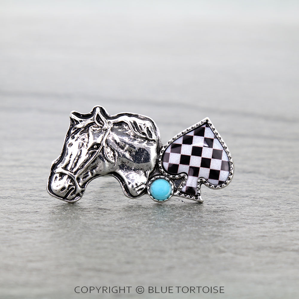 Western Spade Checker Horse Head Cuff Ring