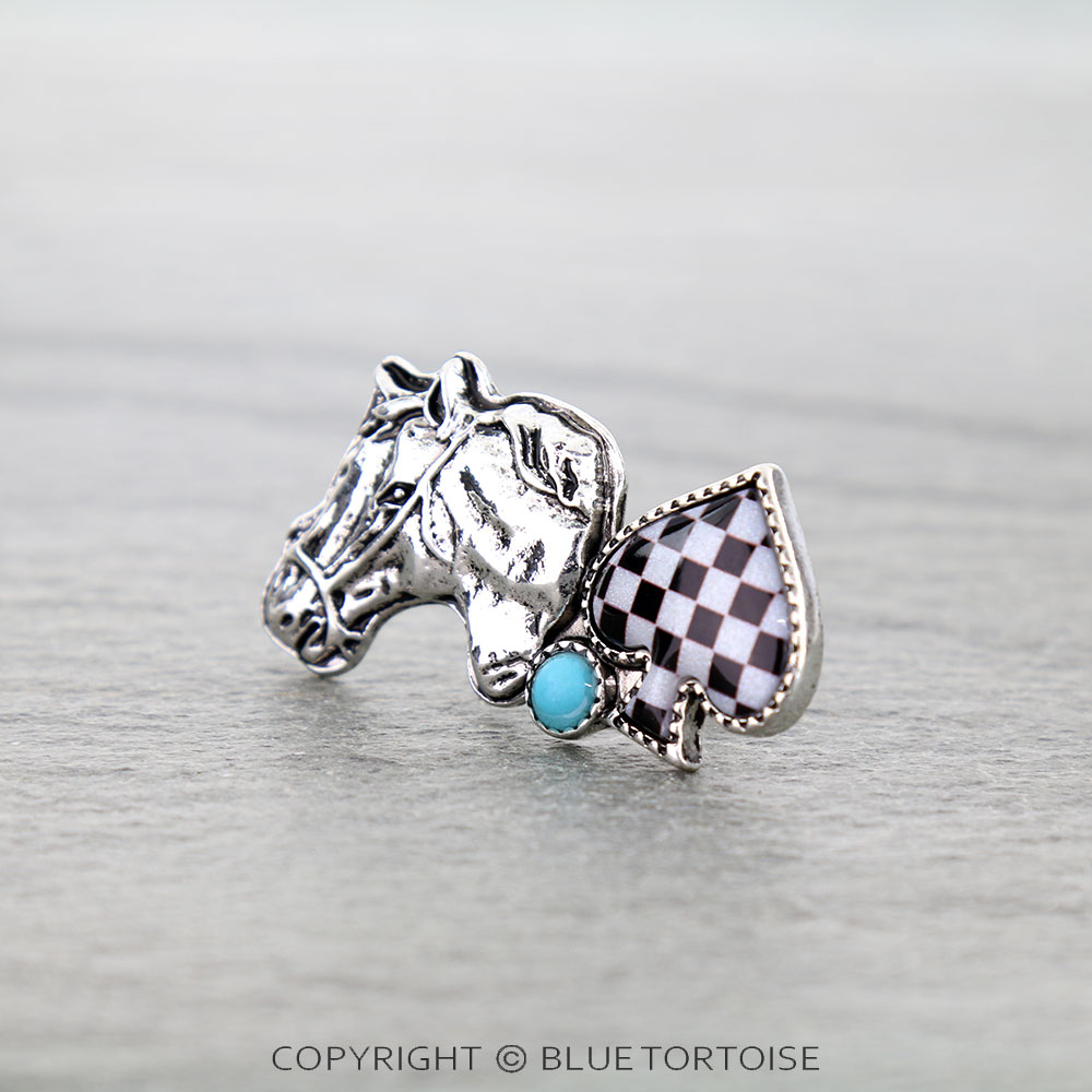 Western Spade Checker Horse Head Cuff Ring - Image 2