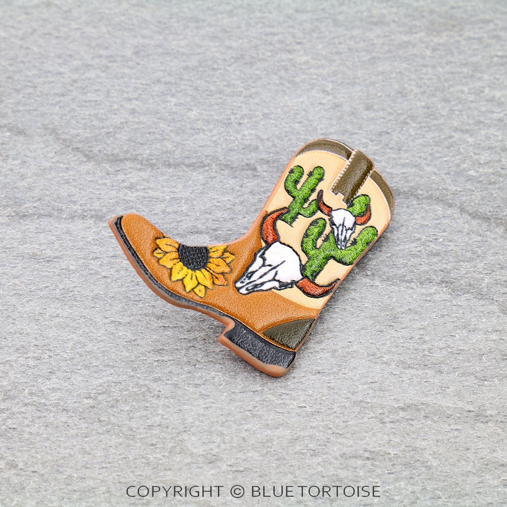 Western Steer Skull Tooled Leather Boot Brooch Pin