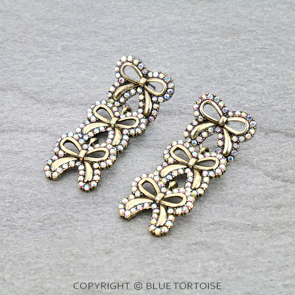 Western 3Bow Rhinestone Stud Earrings