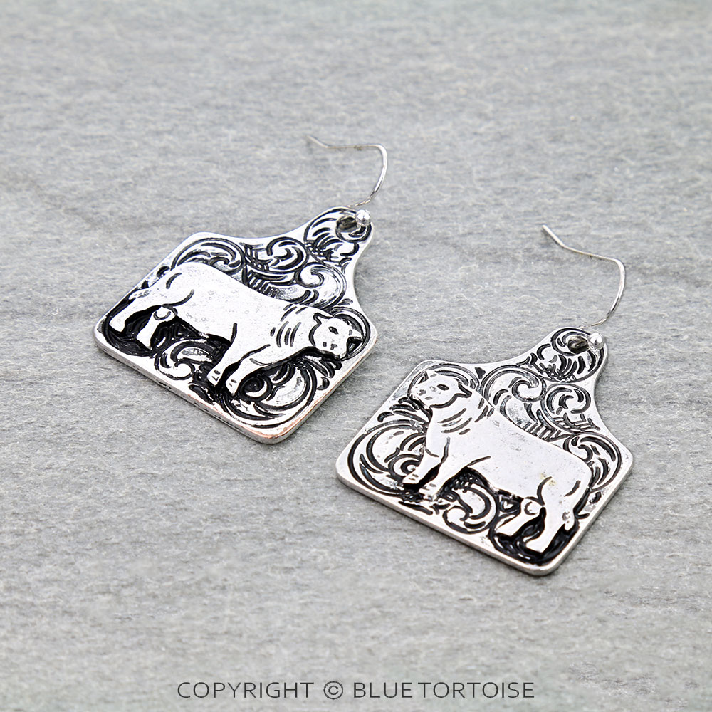 Western Cow Ear Tag Etched Dangle Earrings