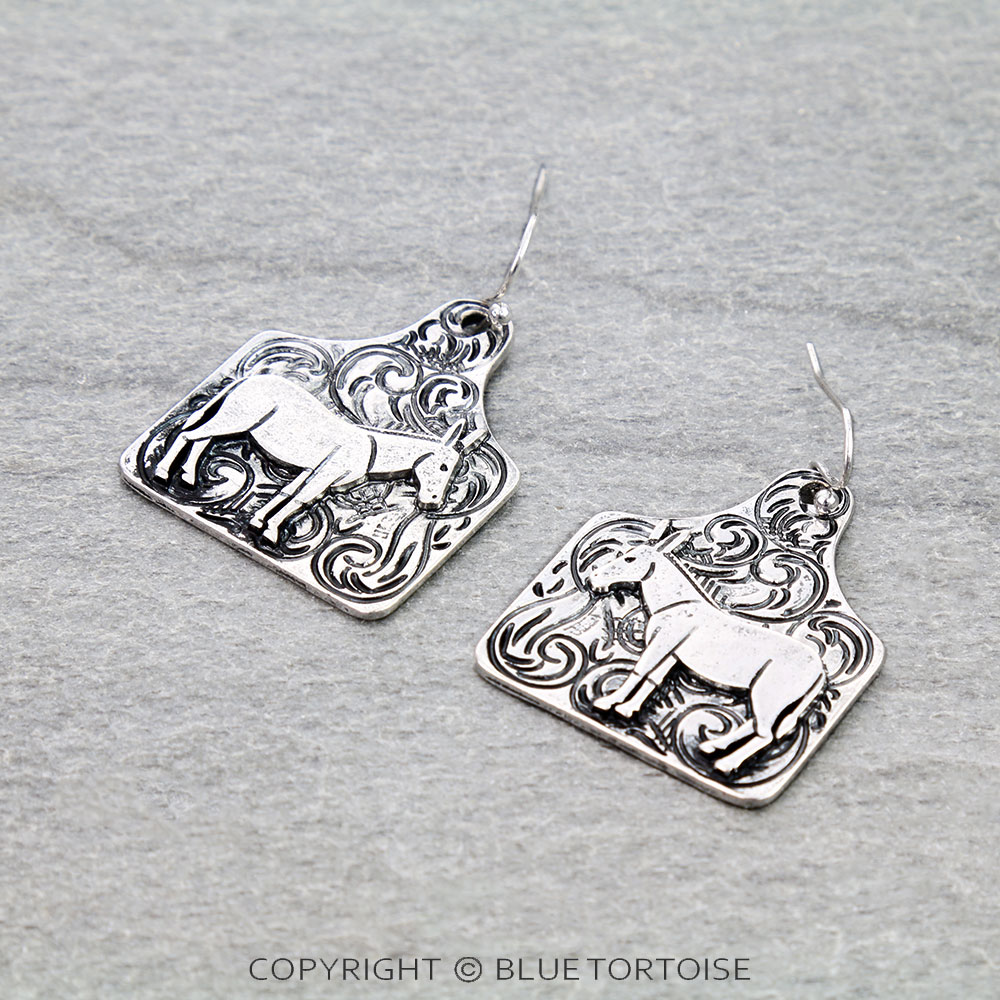 Western Donkey Ear Tag Etched Dangle Earrings