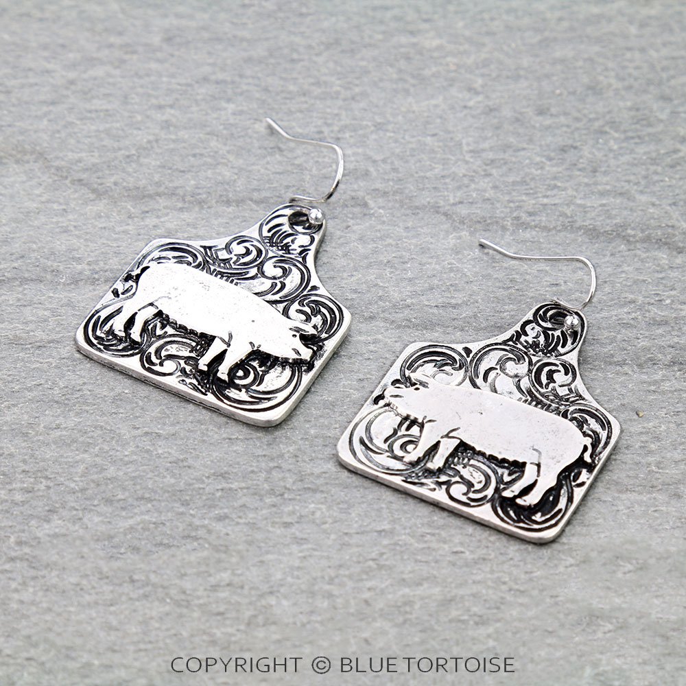 Western Pig Ear Tag Etched Dangle Earrings
