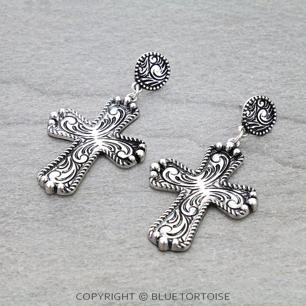 Western Cross Etched Stud Earrings