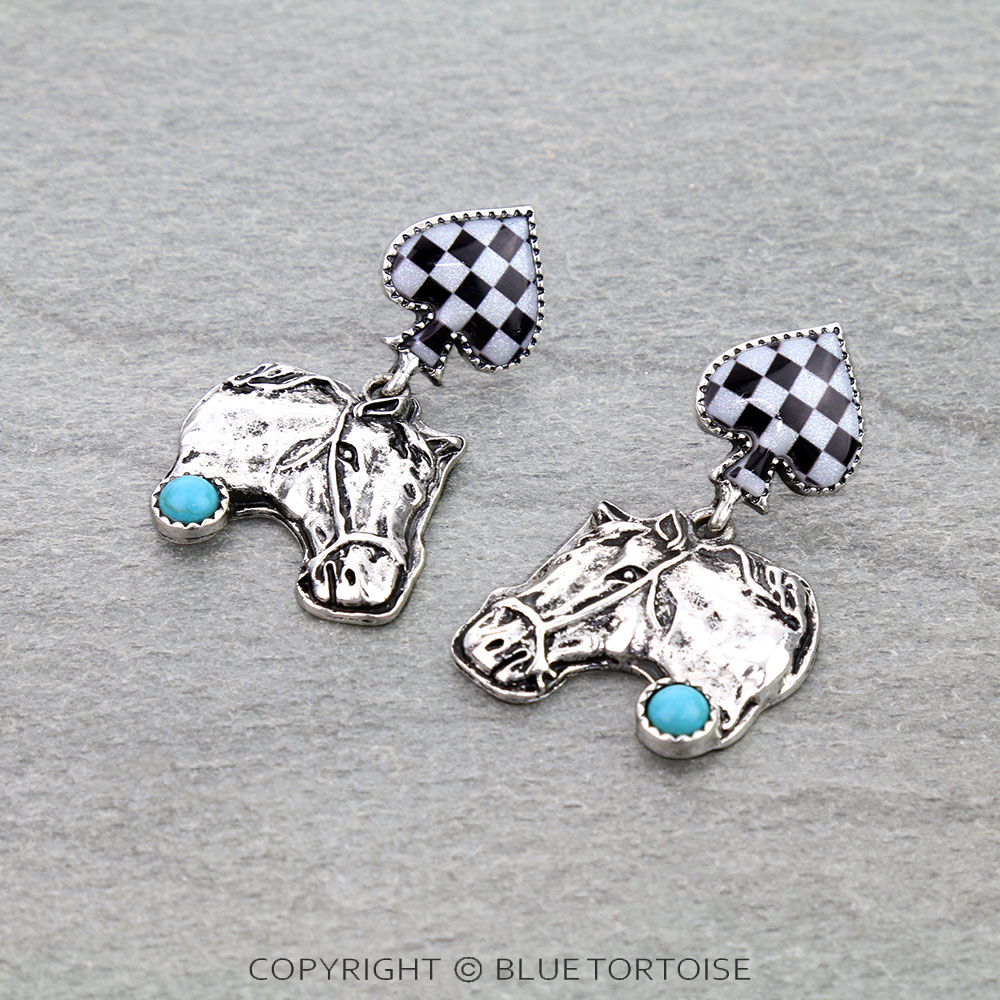 Western Spade Checker Horse Head Stud Earrings