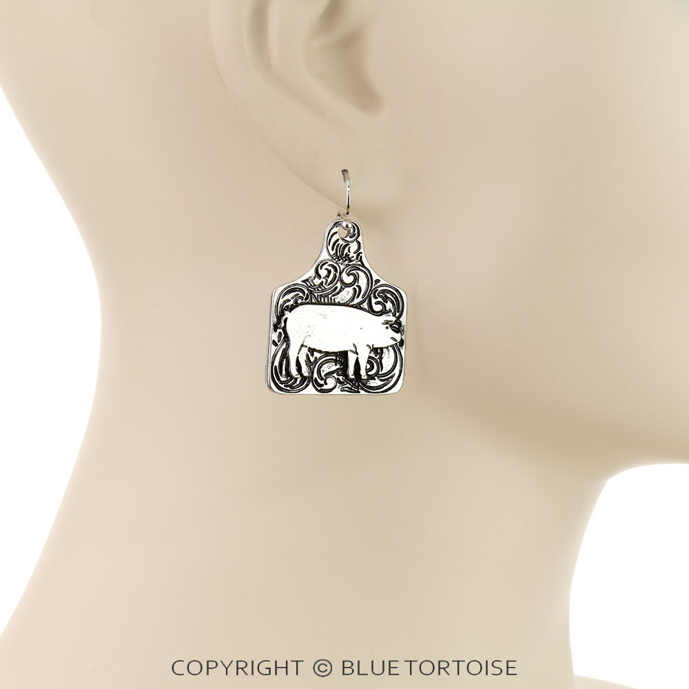 Western Pig Ear Tag Etched Dangle Earrings - Image 2