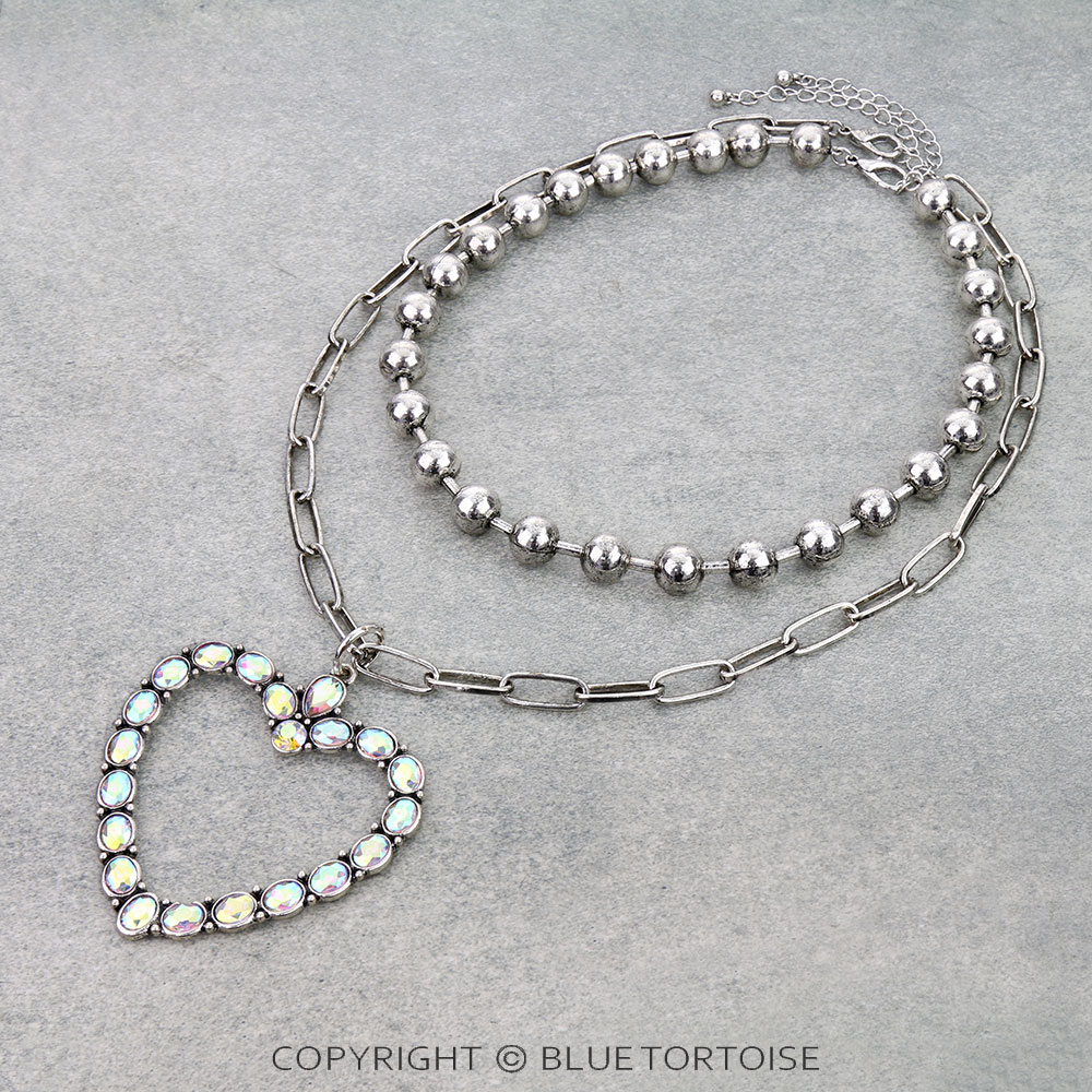 2 Layered Western Metal Bead & Heart Pendant Necklace
