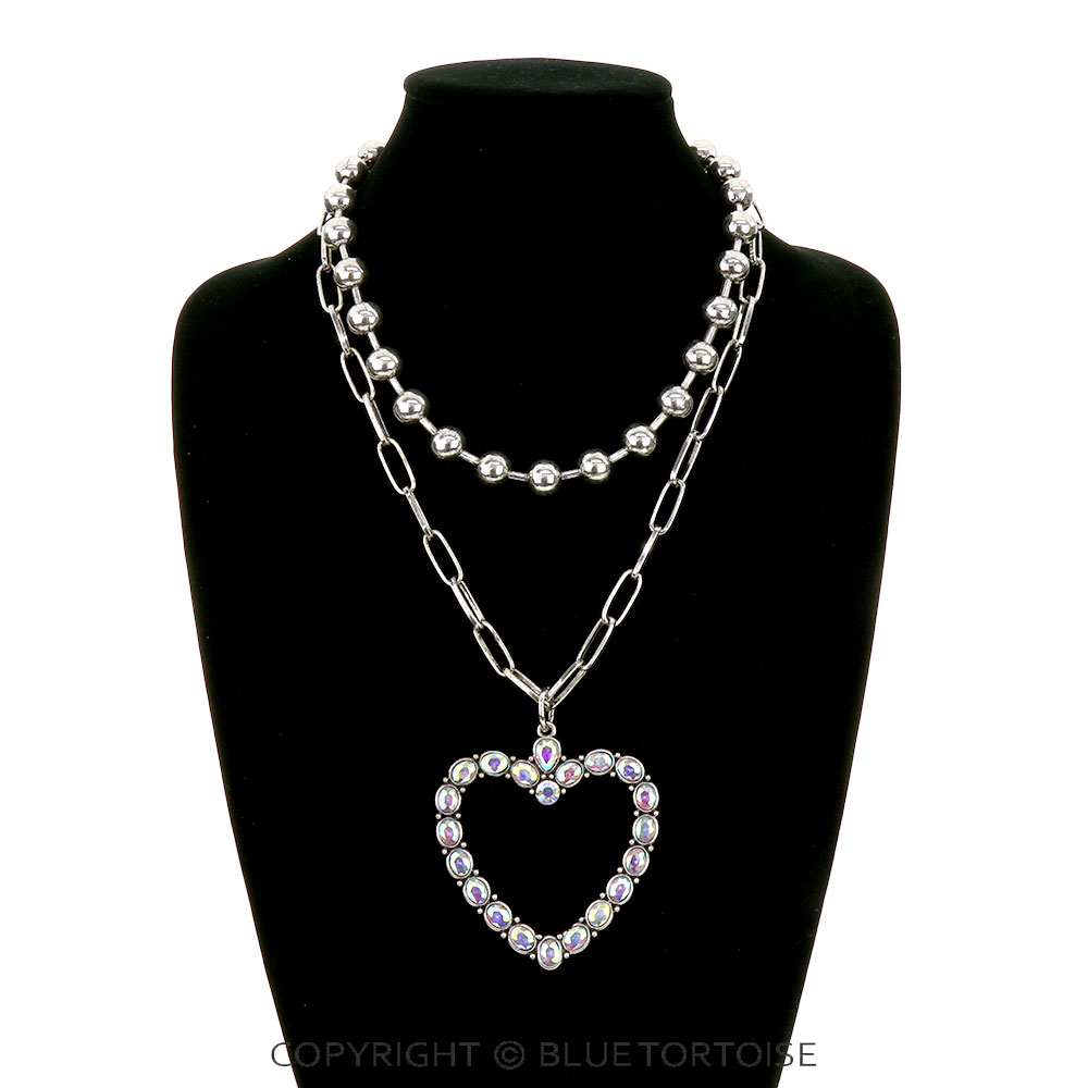 2 Layered Western Metal Bead & Heart Pendant Necklace - Image 2