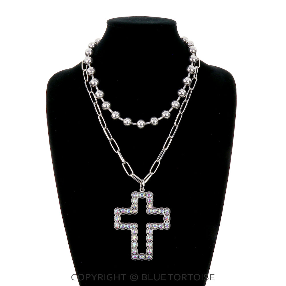 2 Layered Western Metal Bead & Cross Pendant Necklace - Image 2