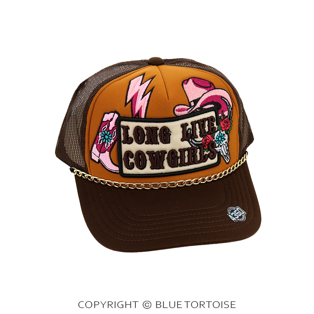 "LONG LIVE COWGIRLS" Patch Meshback Ball Cap with Hat Chain