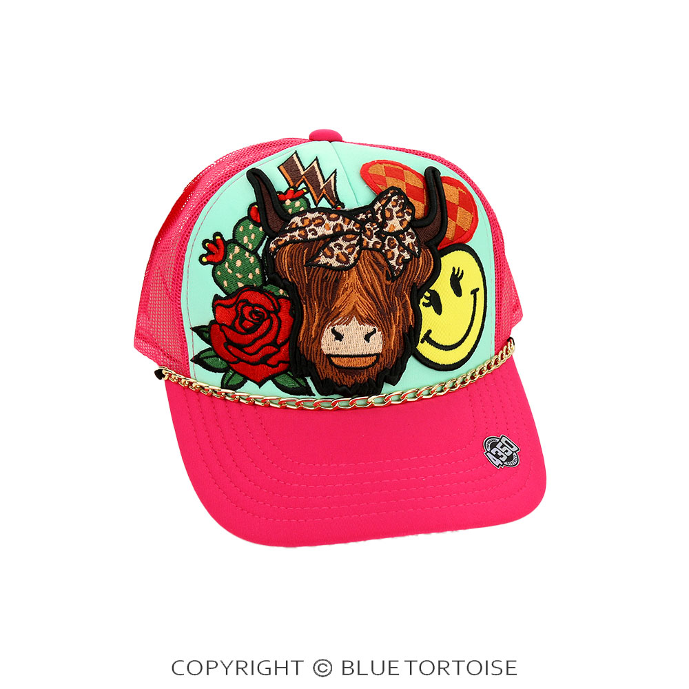 Highland Cow Patch Meshback Ball Cap with Hat Chain