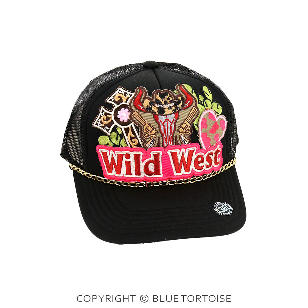 Steer Skull Wild West Patch Meshback Ball Cap with Hat Chain