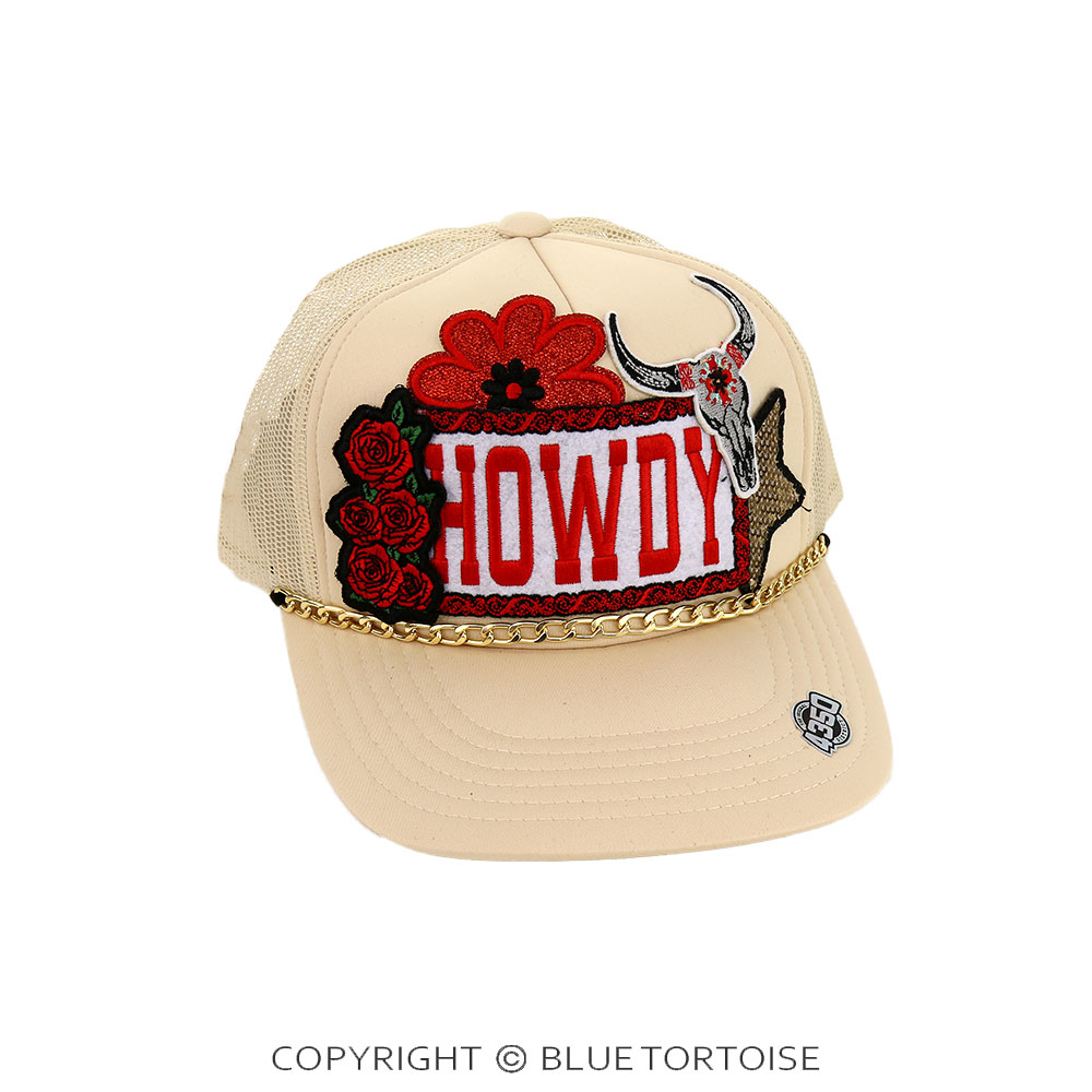 Steer Skull HOWDY Patch Meshback Ball Cap with Hat Chain