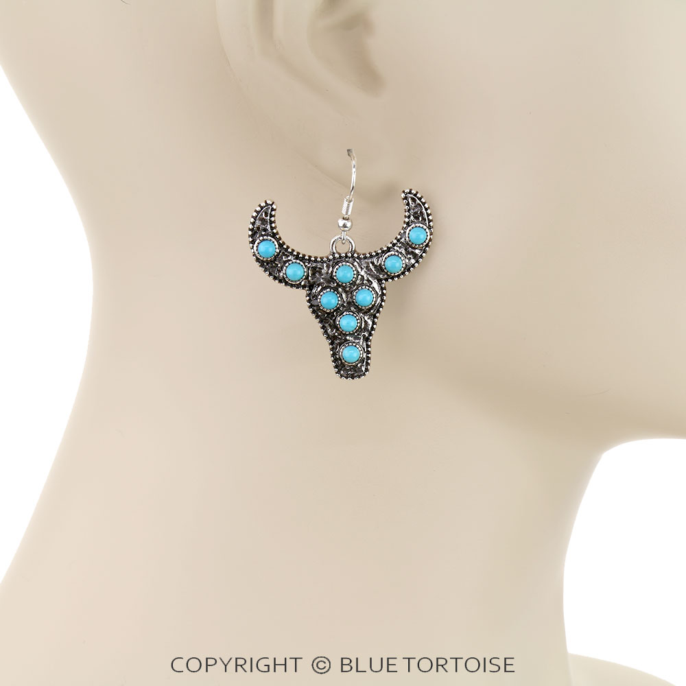 Western Steer Skull Stone Dangle Earrings - Image 2