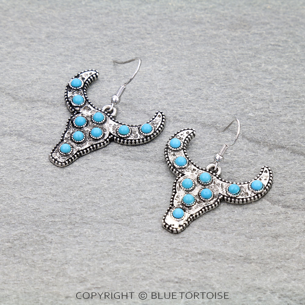 Western Steer Skull Stone Dangle Earrings