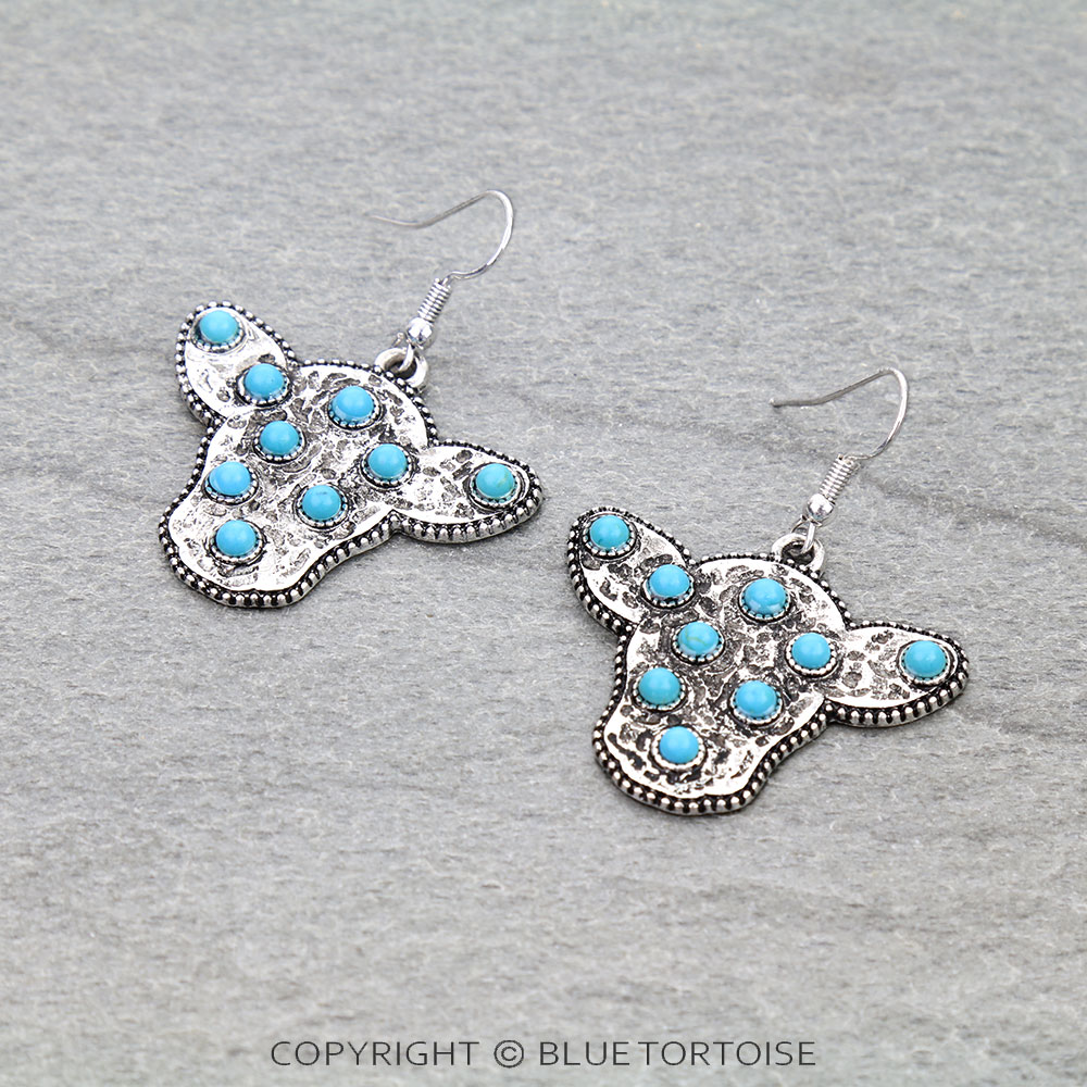 Western Cow Head Stone Dangle Earrings