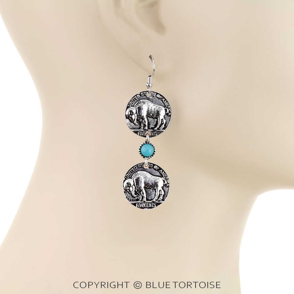 Western Buffalo Double Coin Dangle Earrings - Image 2