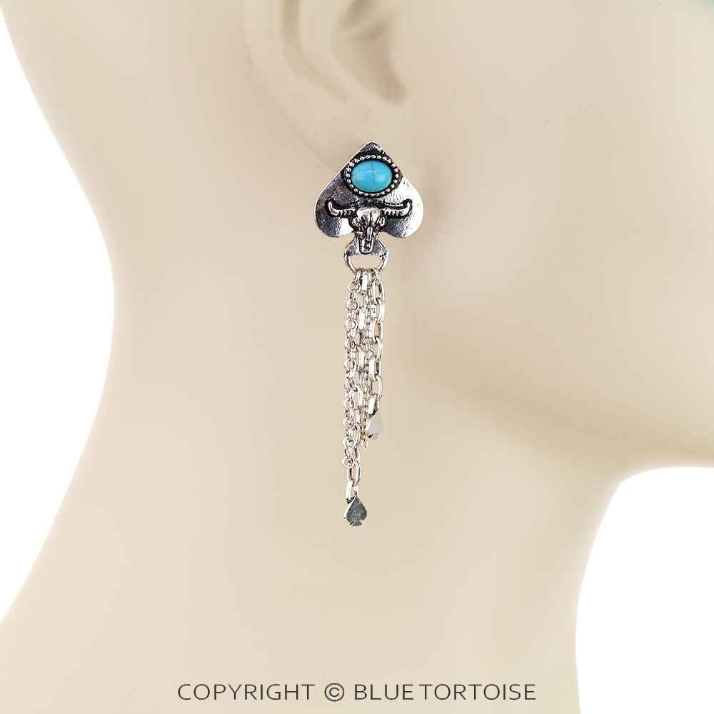 Spade Steer Skull Chain Stud Earrings - Image 2