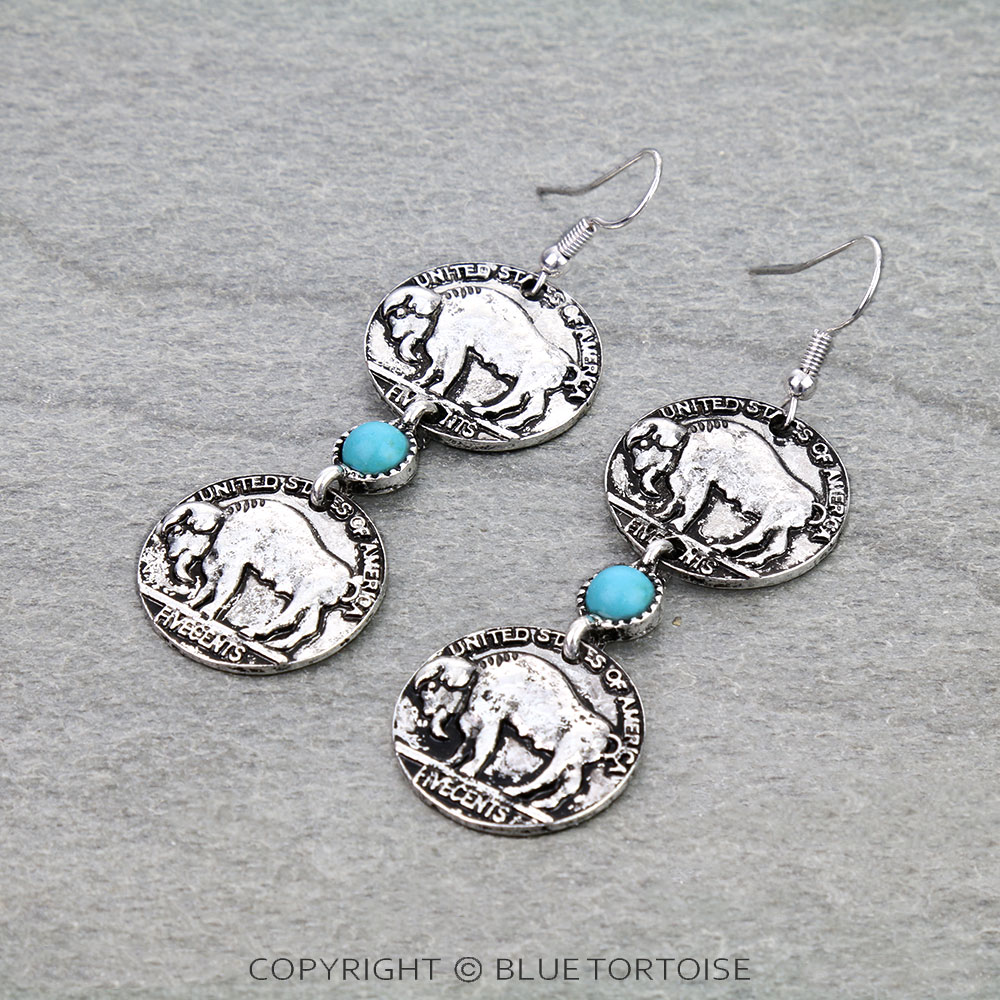Western Buffalo Double Coin Dangle Earrings