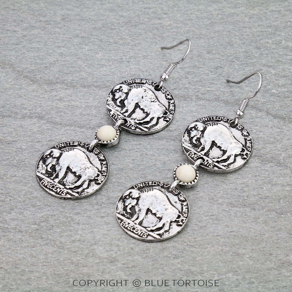 Western Buffalo Double Coin Dangle Earrings