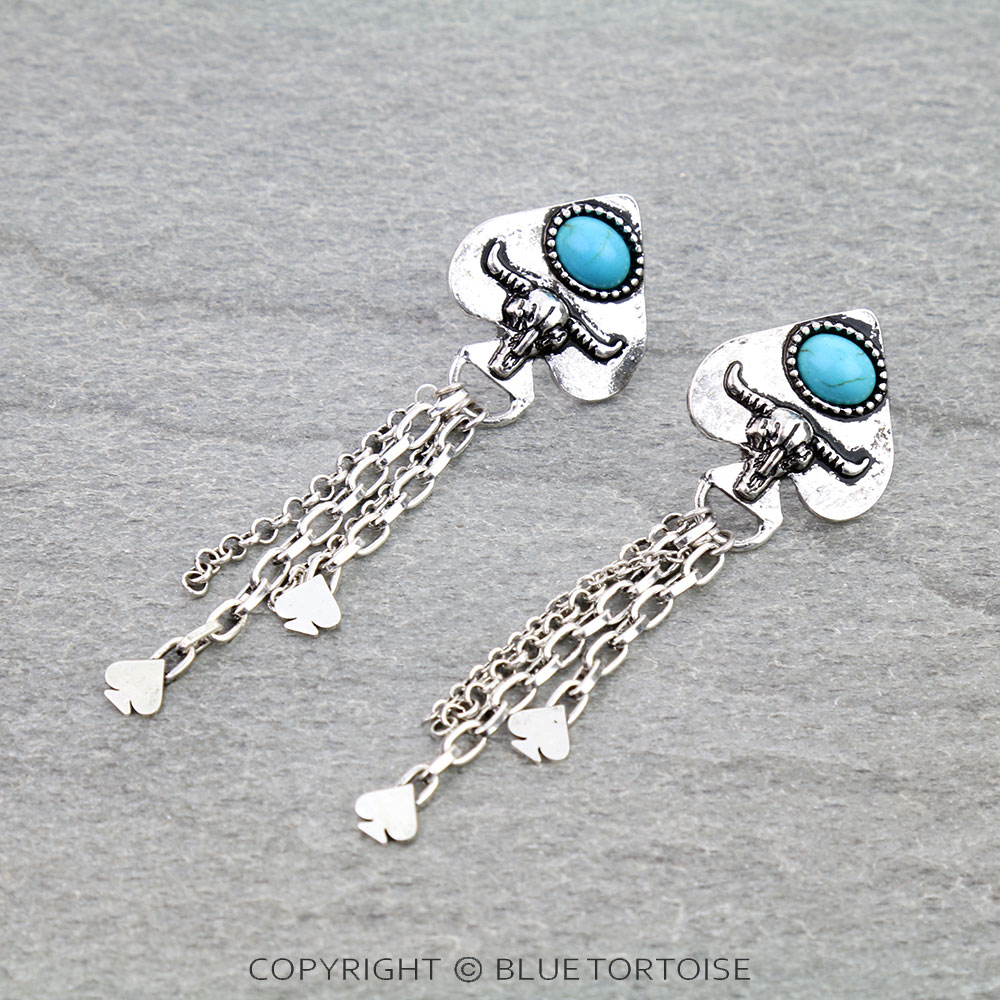 Spade Steer Skull Chain Stud Earrings