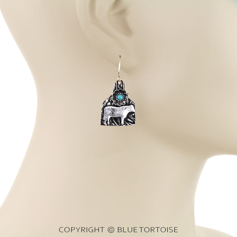 Western Cow Ear Tag Dangle Earrings - Image 2