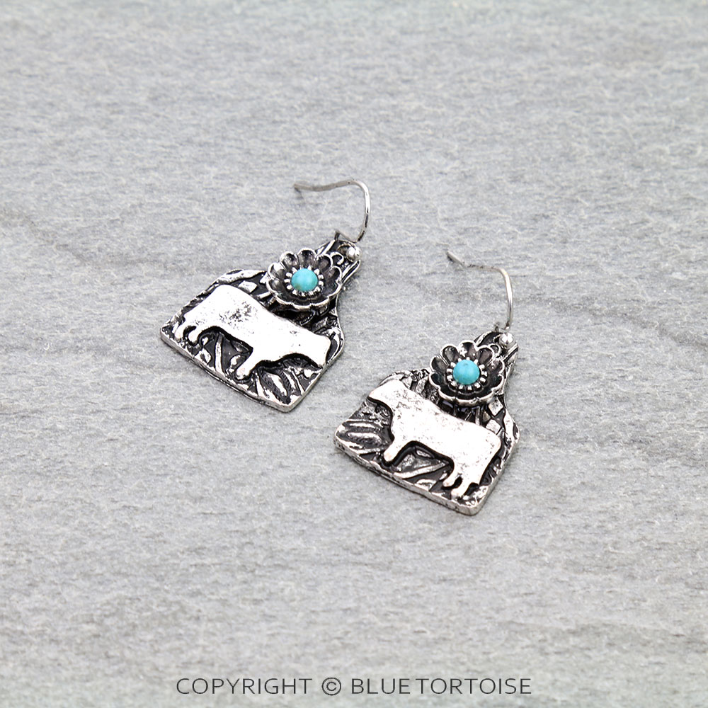 Western Cow Ear Tag Dangle Earrings