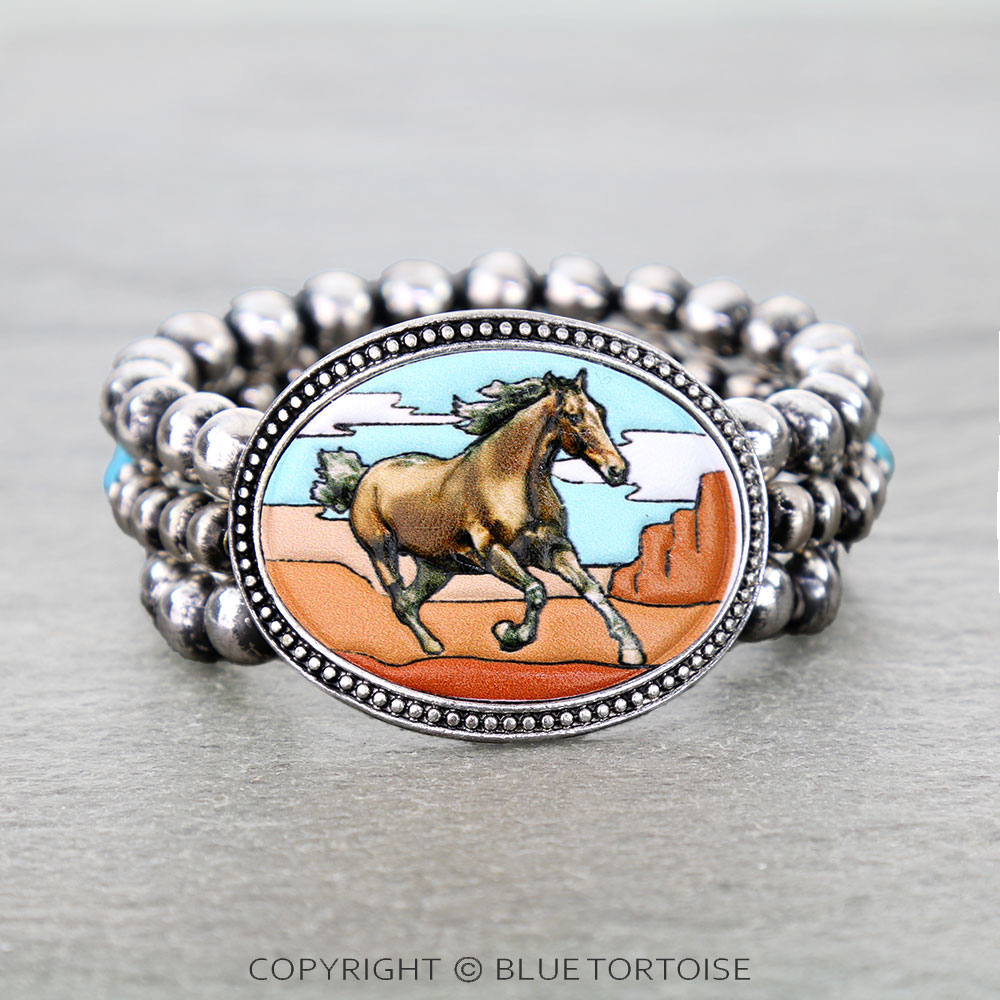 Western Horse Tooled Leather Stretch Bracelet