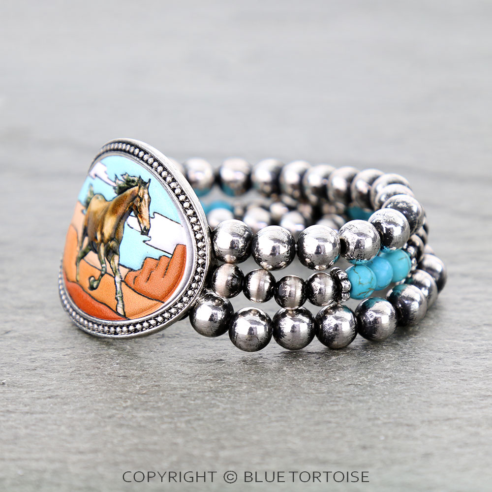 Western Horse Tooled Leather Stretch Bracelet - Image 2
