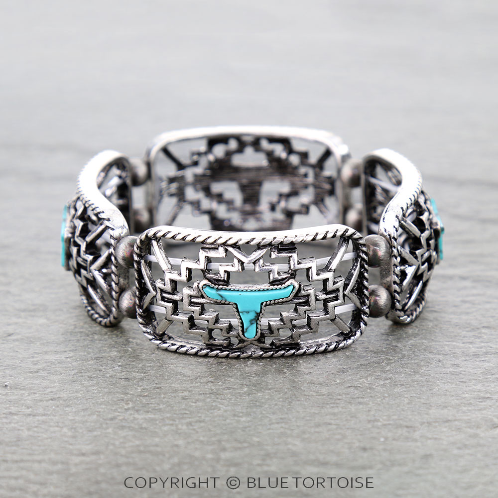 Western Aztec Steer Skull Stretch Bracelet