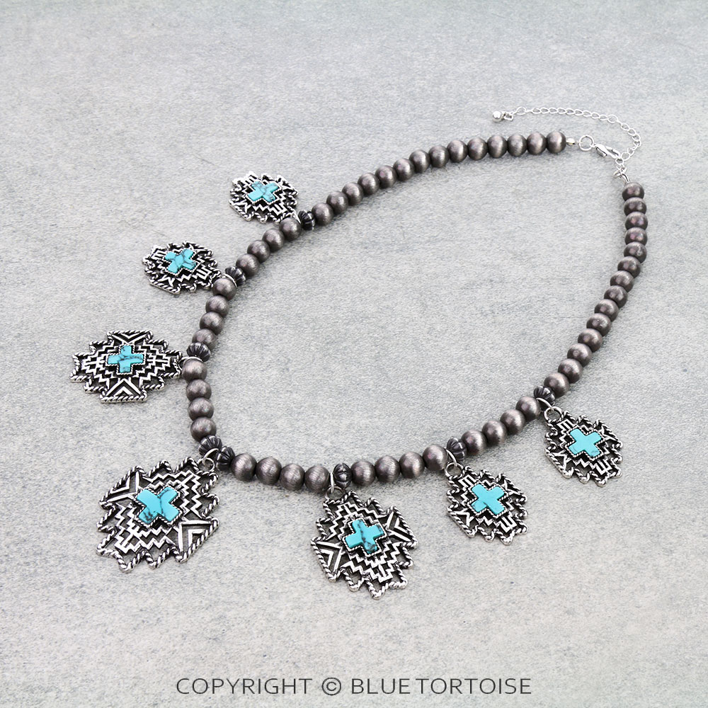 Western Aztec Cross Charm Statement Necklace