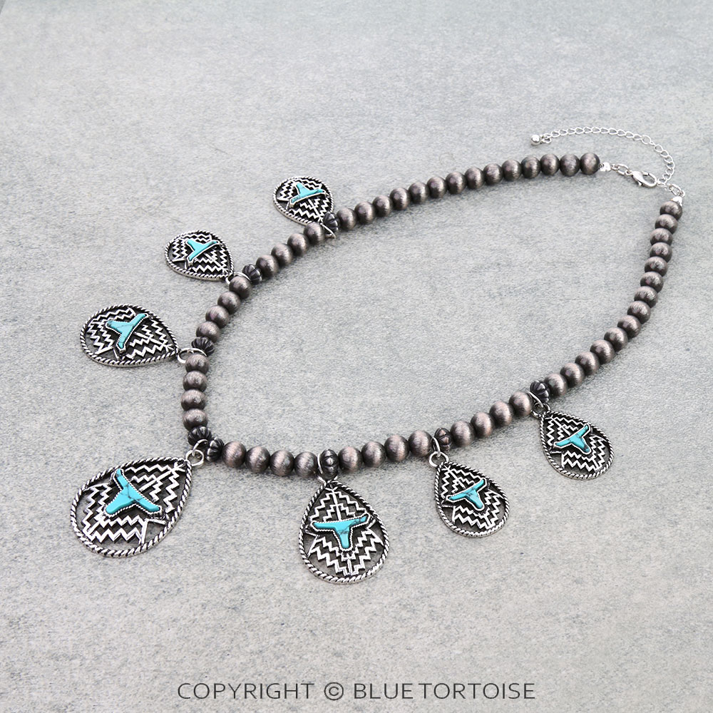 Western Aztec Steer Skull Charm Statement Necklace