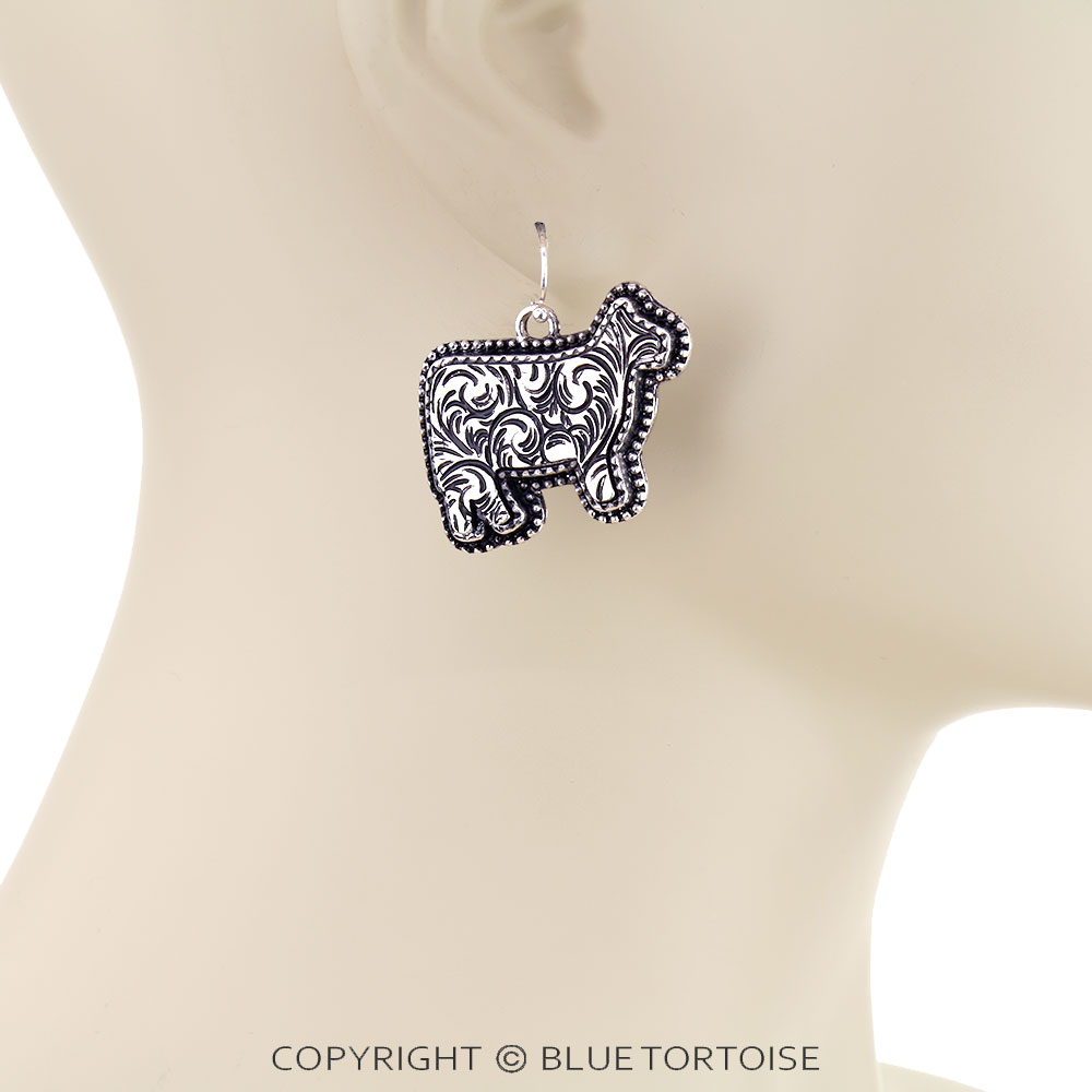 Western Etched Cow Dangle Earrings - Image 2