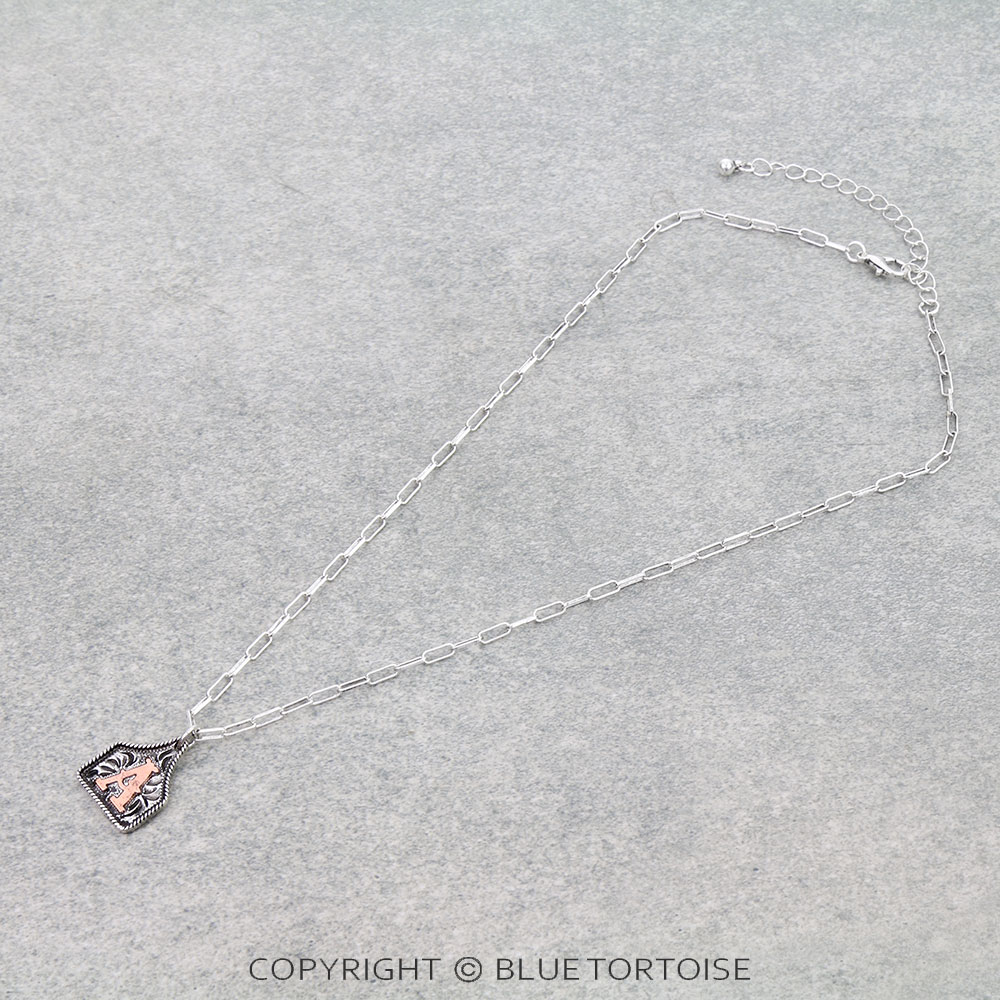 Western Etched Ear Tag Initial Necklace