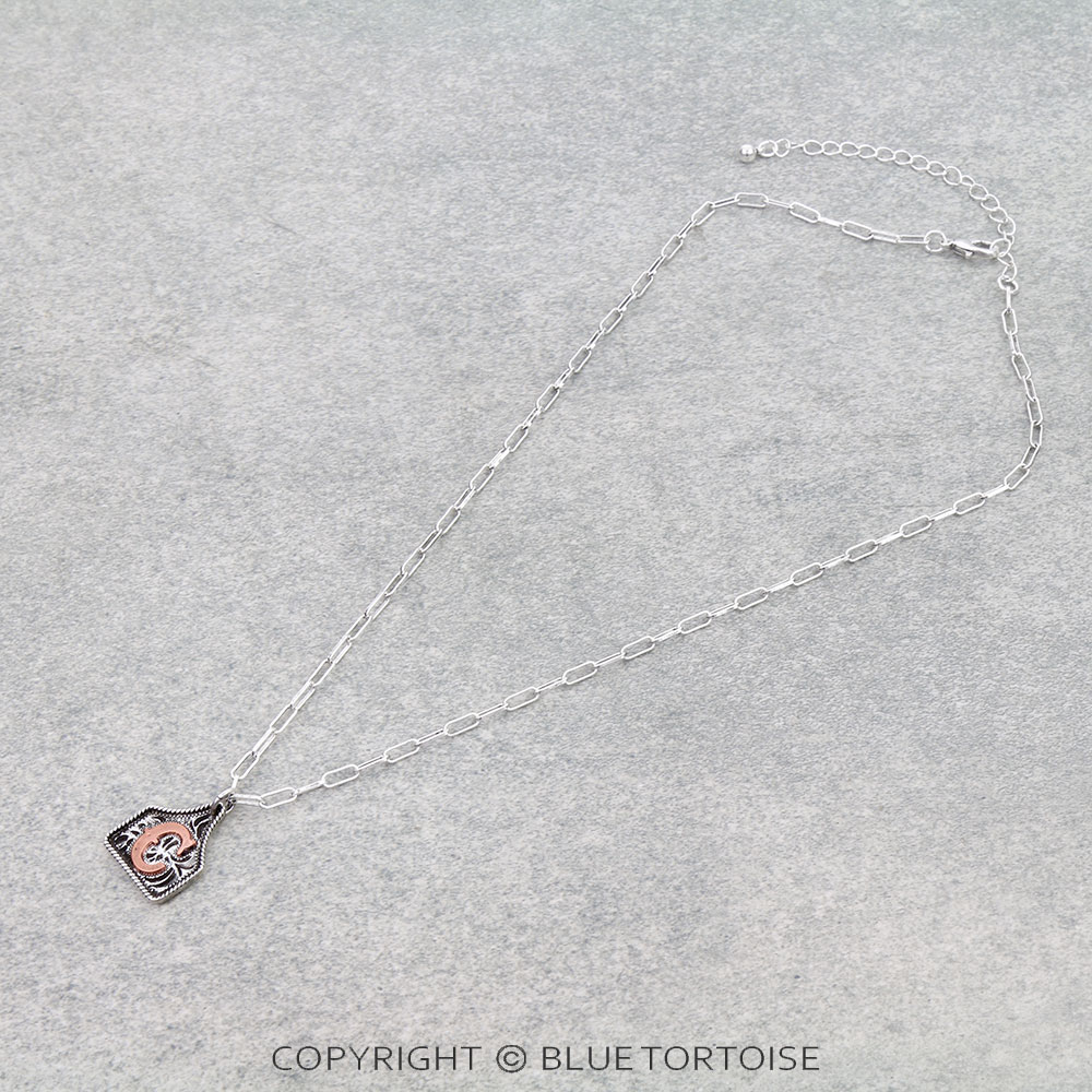 Western Etched Ear Tag Initial Necklace