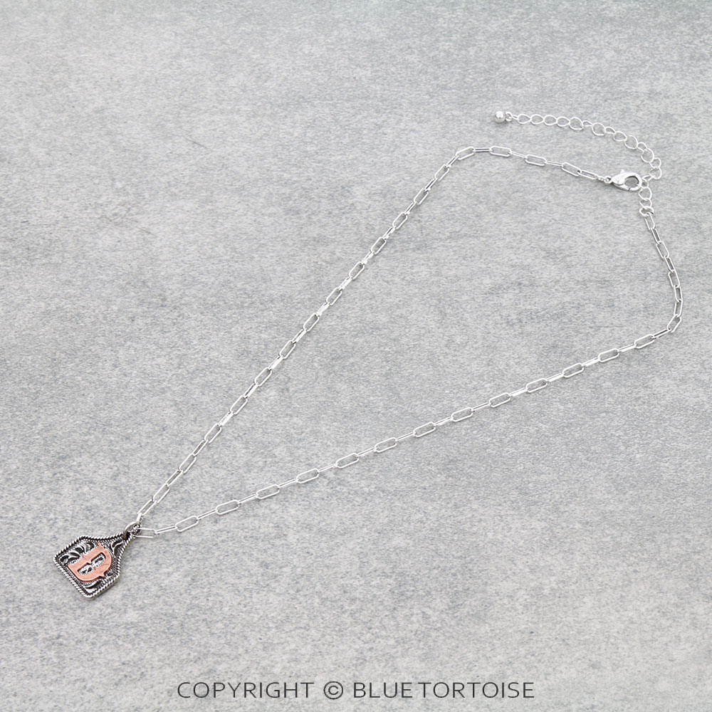 Western Etched Ear Tag Initial Necklace