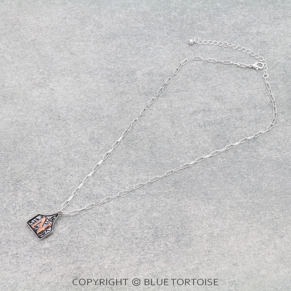 Western Etched Ear Tag Initial Necklace