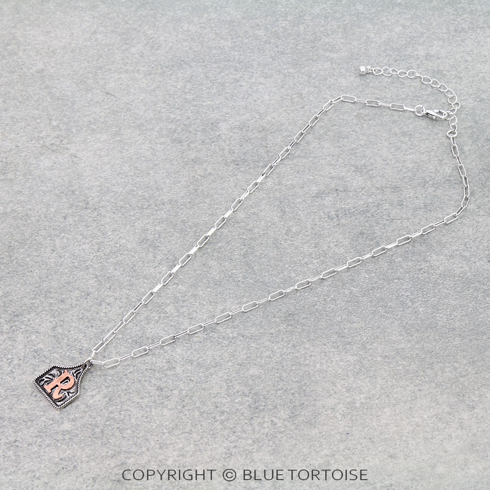 Western Etched Ear Tag Initial Necklace