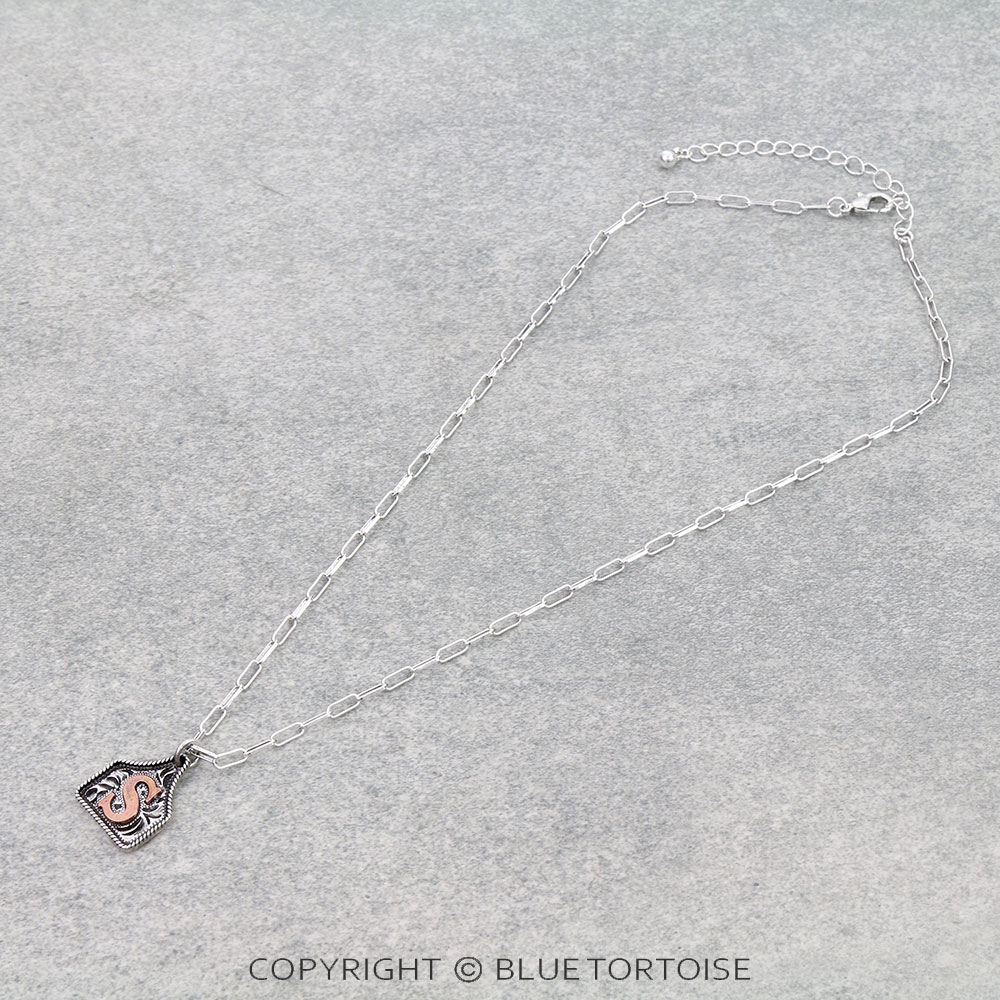 Western Etched Ear Tag Initial Necklace