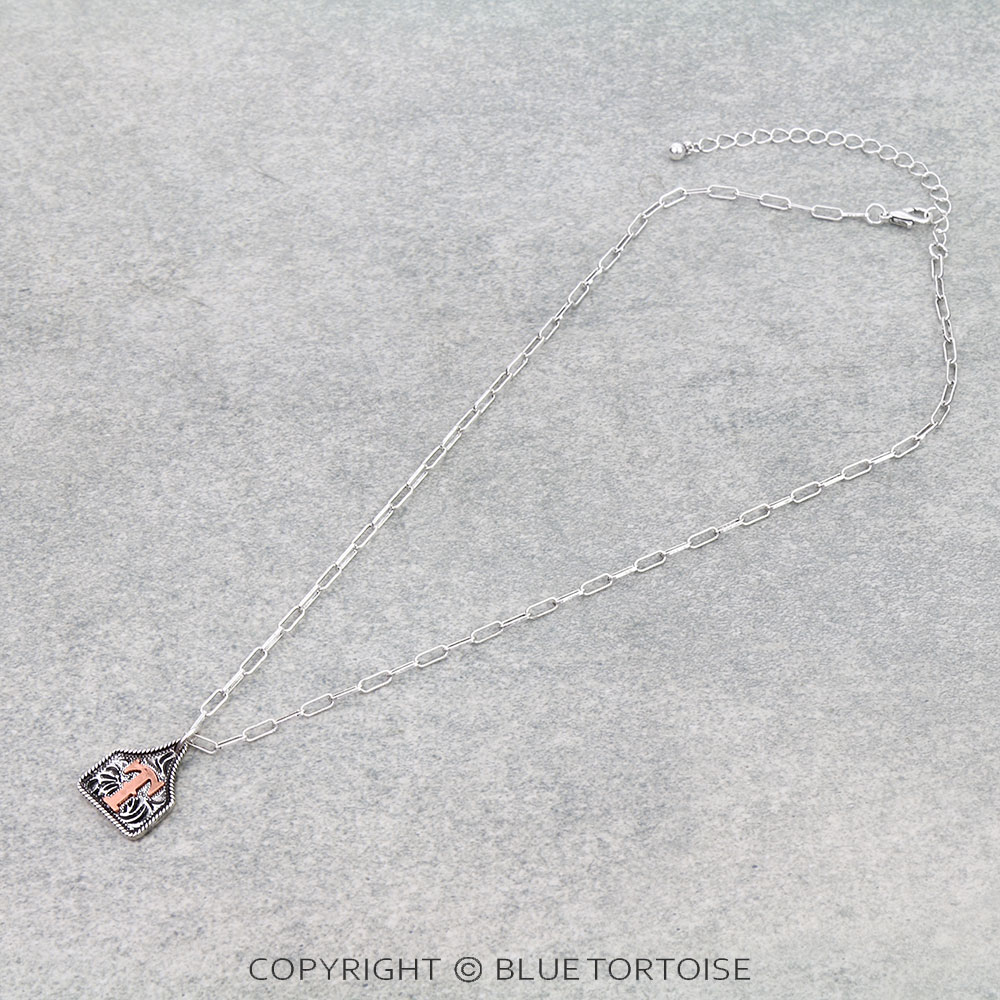 Western Etched Ear Tag Initial Necklace