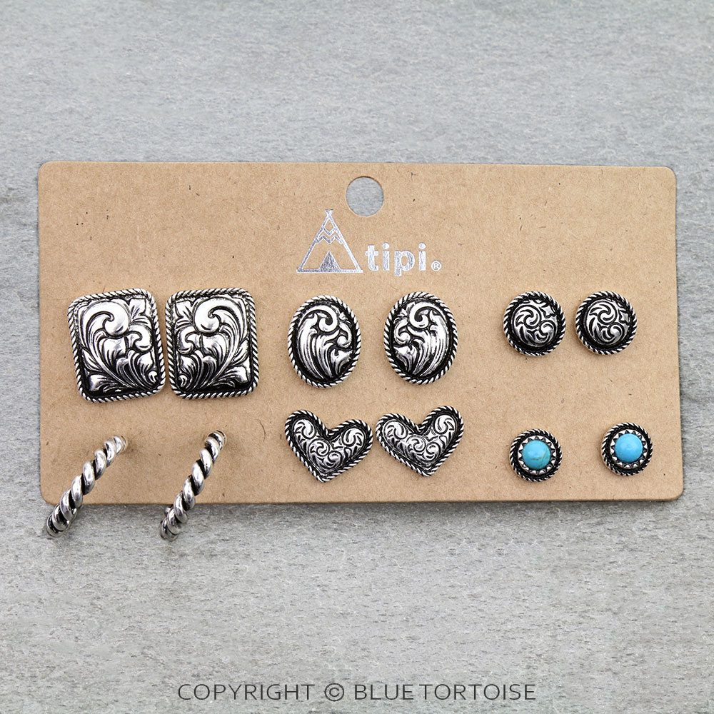 6 Pair Western Floral Stud Earring Set