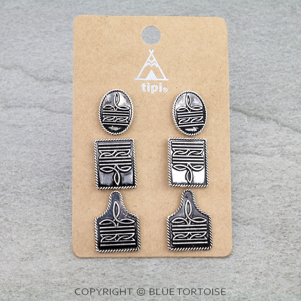 3 Pair Western Boot Stitch Earring Set