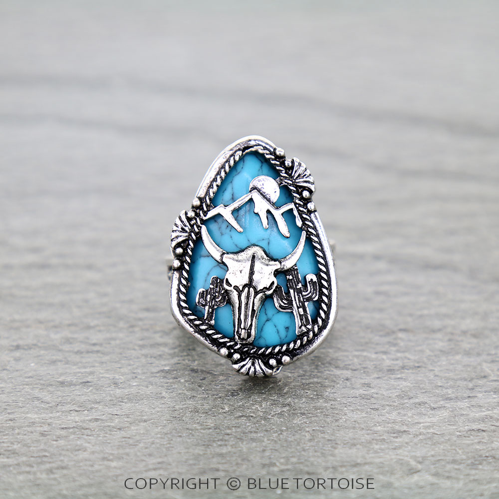 Western Steer Skull Cutout Teardrop Stretch Ring