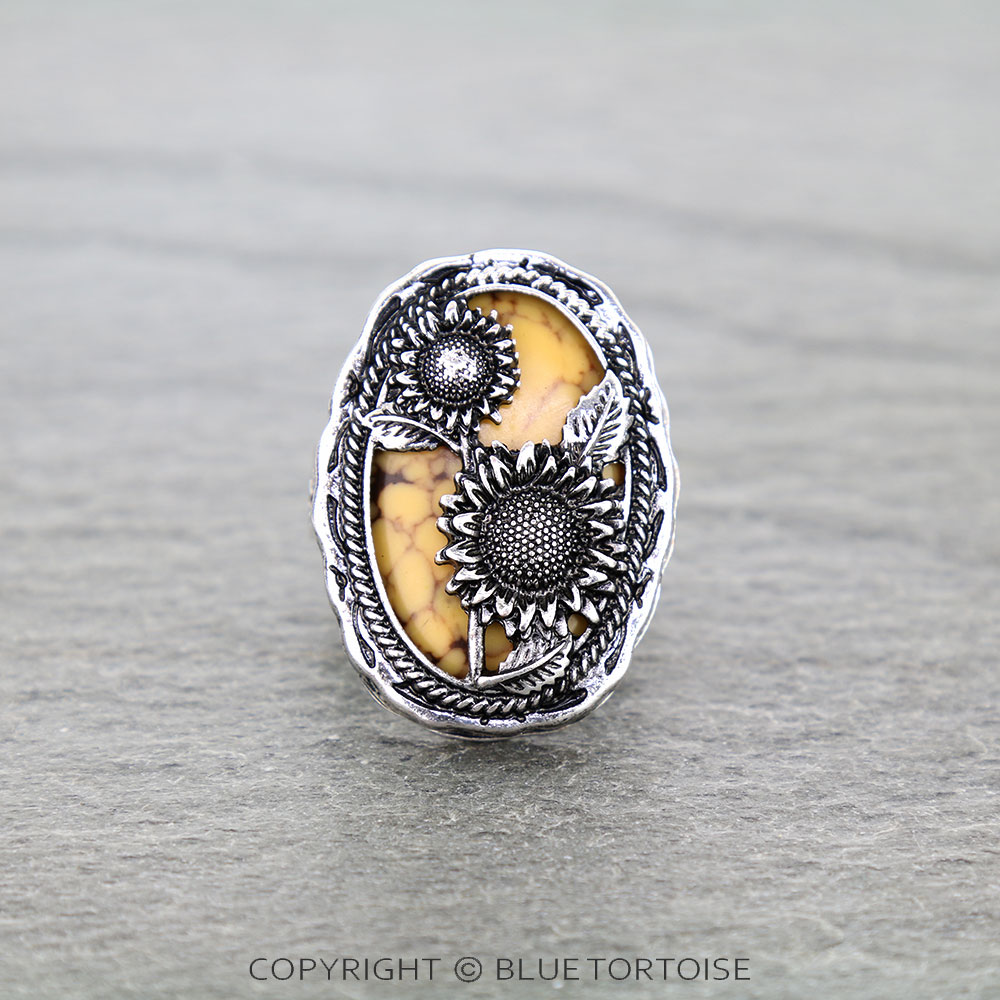 Western Sunflower Cutout Oval Stretch Ring